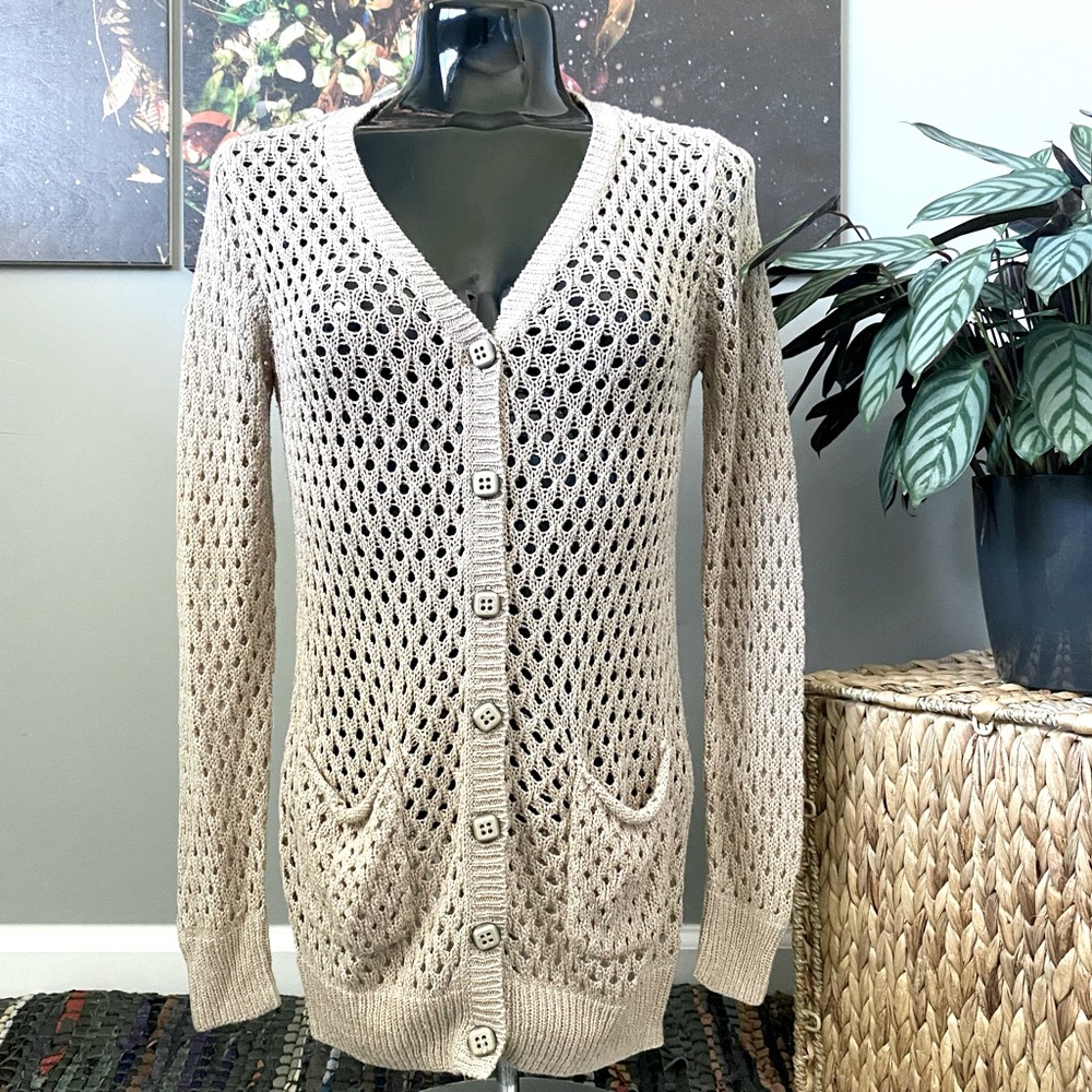 F21 Tan Crochet Button Up Sweater Cardigan